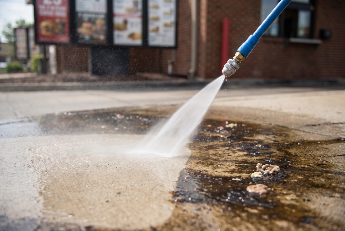 High-pressure cleaning of gum and grease from a restaurant drive-thru sidewalk in Sherman, TX