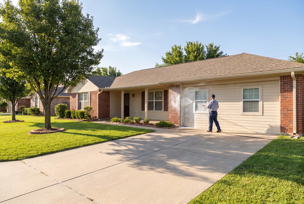 Technician soft washing a single-story brick and siding home in Sherman, TX
