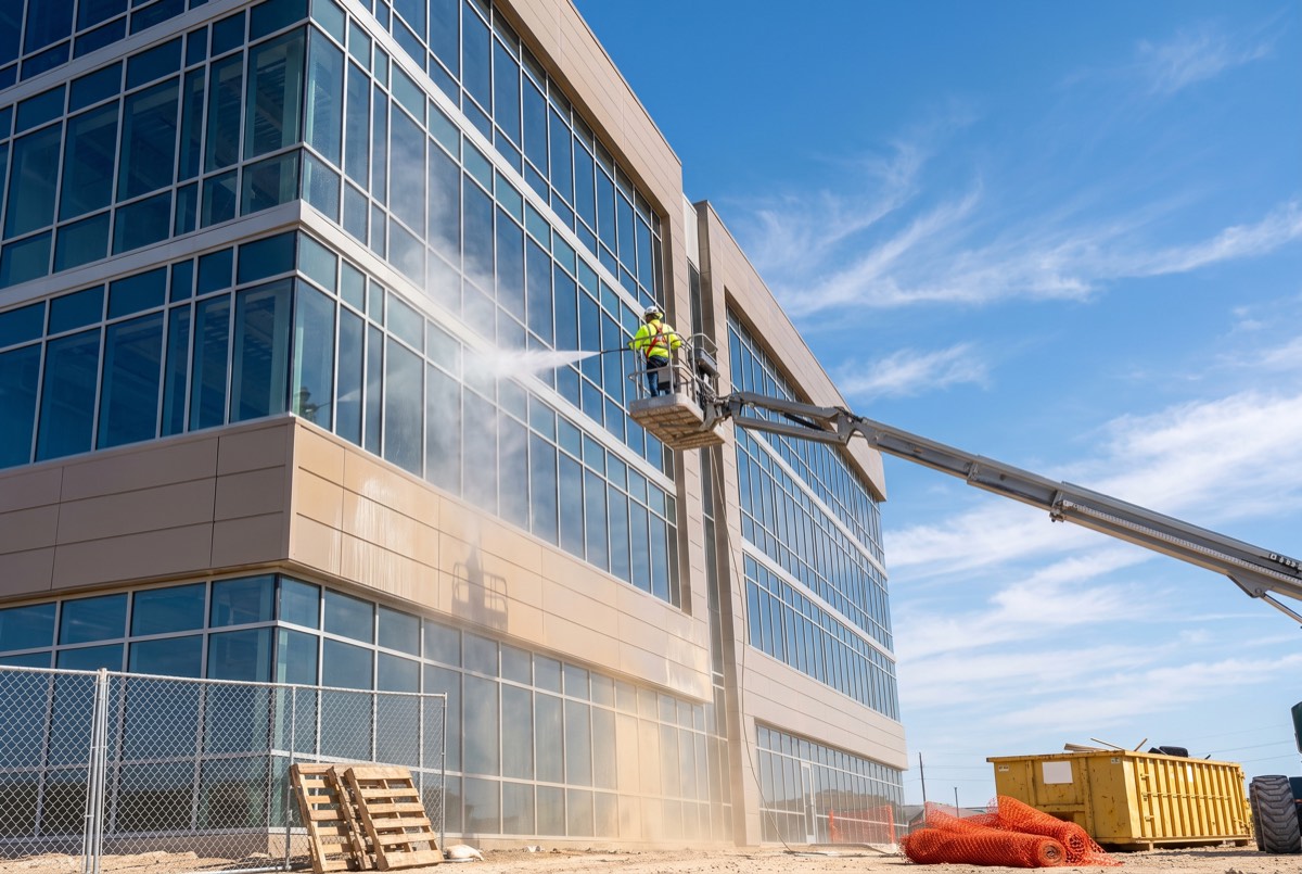 Lift-assisted washing of construction dust from a brand-new commercial building near Sherman, TX