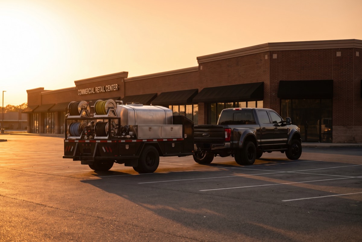 Pressure washing rig staged at a Sherman, TX commercial retail center at sunset for night work