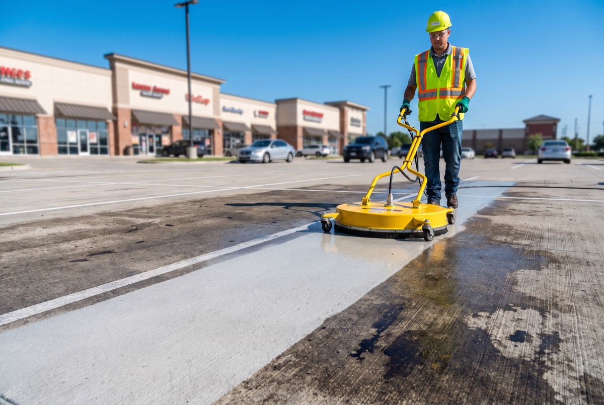 Surface cleaner cutting a bright clean stripe through grimy concrete at a Sherman, TX retail center